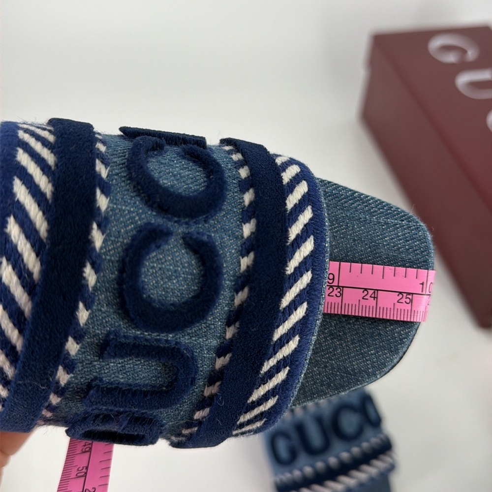 Gucci 39 Denim Jean Jane Logo Blue Stripe Slides Sandals E947 - Picture 13 of 14